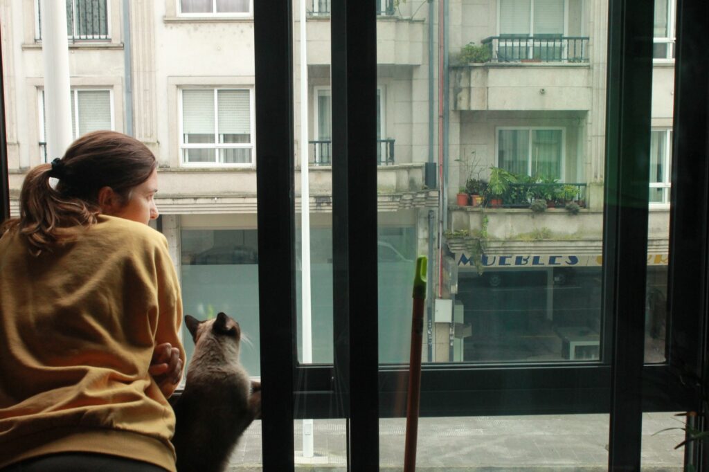Woman with cat at the window.